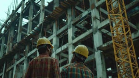 Two construction workers looking at the building under construction.の素材