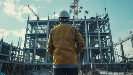 Construction worker looking at the progress of the building.の素材