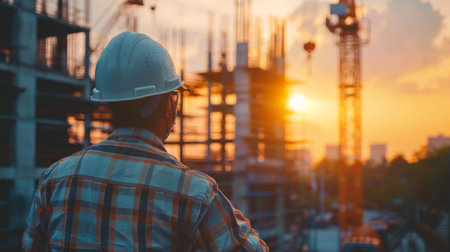 Construction worker wearing hardhat at sunsetの素材