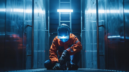 A technician wearing an industrial uniform and safety helmet crouches in a dark room with blue lights.の素材