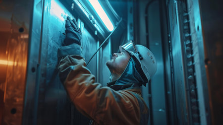 A man in a hard hat and safety glasses is welding a metal pipe.の素材