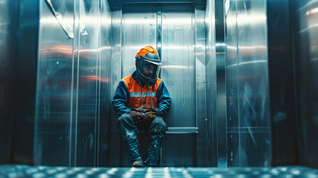 A construction worker sits in an elevator, waiting to go up to the next floor.の素材
