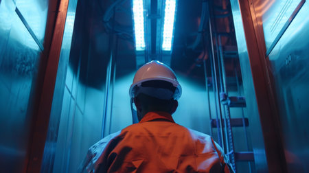 Man in hard hat looking up at a bright lightの素材