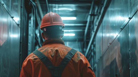 A man in an orange hard hat and jumpsuit walks down a long, brightly lit hallway.の素材