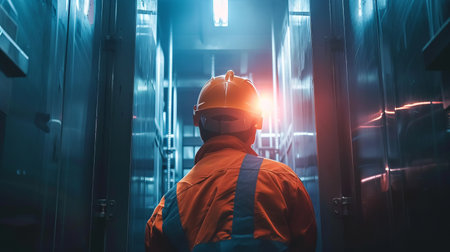 An industrial worker wearing a hard hat and coveralls walks down a long, brightly lit hallway.の素材