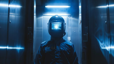 A man wearing a welding helmet is standing in an elevator.の素材