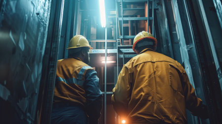 Two workers in hard hats and yellow jackets ascend a ladder in an industrial settingの素材
