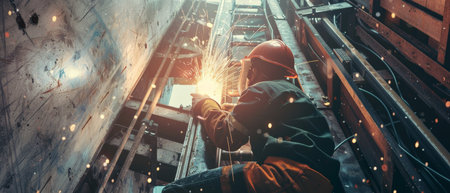A welder works on the undercarriage of a train car.の素材