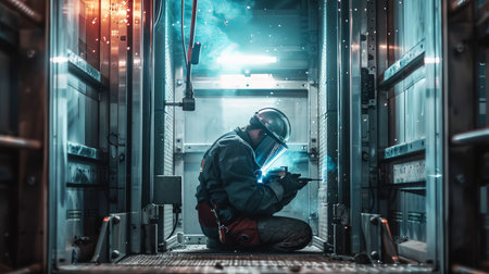 Welder working in a server room. He is wearing safety helmet and welding equipment.の素材