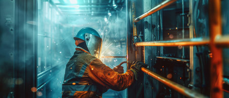 Welder working in the server room. Welding and welding.の素材