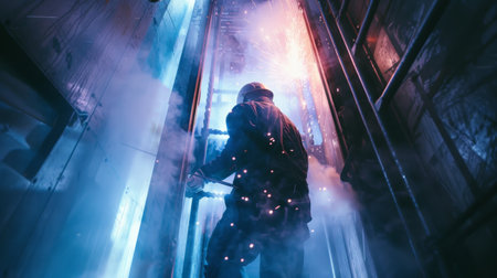 Welder working with a welding torch in a metal construction site.の素材