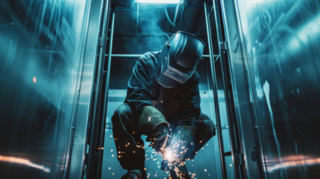 Industrial worker wearing protective mask welding metal structure in industrial factory.の素材