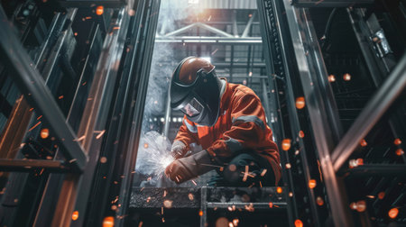 Industrial worker wearing protective clothing and mask welding metal in factory.の素材