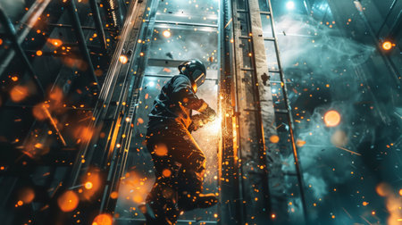 Worker welding steel structure at factory. Worker in protective clothing and helmet.の素材