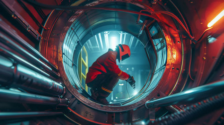 Welder working in a factory. Industry and technology. 3d rendering.の素材