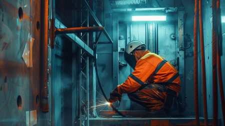 Industrial worker in protective clothing and helmet working with arc welding machine.の素材