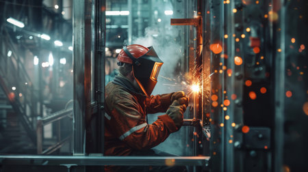 Welder in protective clothing and helmet welds metal in a factoryの素材