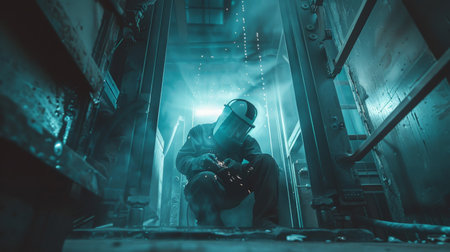 Male welder working in a steel factory, wearing protective mask.の素材