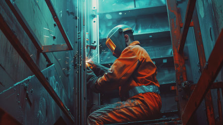 Worker in protective clothing and helmet welding metal at industrial construction site.の素材