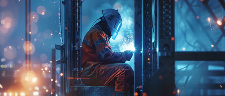 Welder at work. Mixed media. Mixed media. Mixed mediaの素材