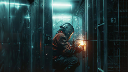 Welder at work in a metal workshop. He is wearing protective clothing and welding equipment.の素材