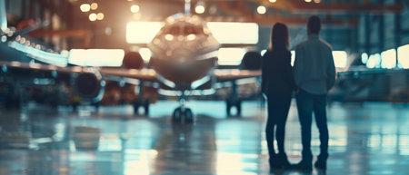Blurred background of airplane in airport terminal. Travel and tourism conceptの素材