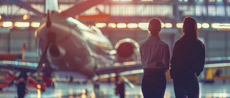 Back view of businesswoman and businessman looking at airplane in airport.の素材