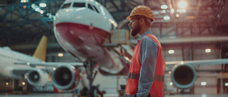 Portrait of a confident male engineer standing in front of an airplaneの素材