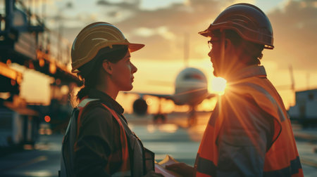 Portrait of asian engineer and worker working together in shipyard.の素材