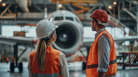 Engineer and worker discussing about the construction of airplane at the airportの素材
