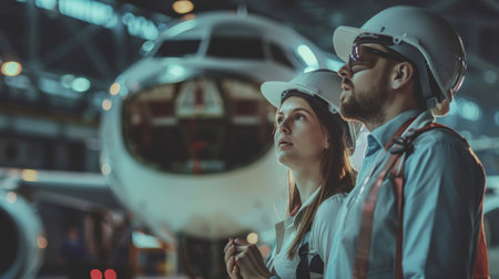 Portrait of a male and female engineers standing in front of an airplaneの素材