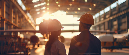 Back view of two female workers looking at each other while standing in industrial warehouseの素材