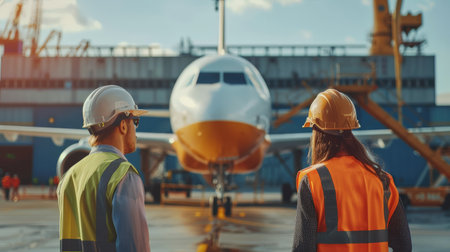 Back view of two workers looking at airplane in the airport terminal.の素材