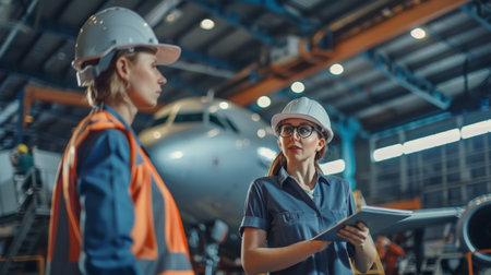 Confident female factory workers discussing work in factory warehouse. This is a freight transportation and distribution warehouse. Industrial and industrial workers conceptの素材