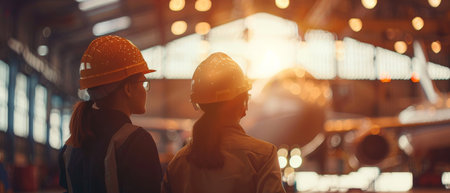 Back view of female engineer and worker in safety helmets and hardhats at industrial plantの素材