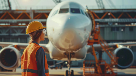 Female civil engineer or architect standing in front of airplane at airport.の素材