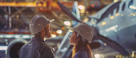 Portrait of a young couple of engineers in helmets in an airplane hangarの素材
