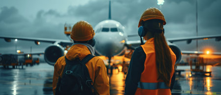 Back view of two female workers in safety helmets and hardhats looking at the airplane in airport.の素材