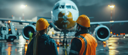 Back view of two workers in uniform looking at the airplane at airportの素材