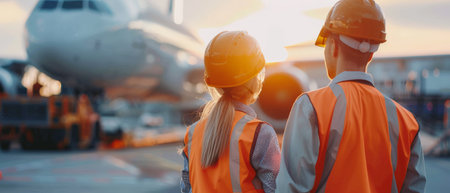 Back view of two young engineers in uniform and hardhats standing in front of airplane and looking at each other.の素材