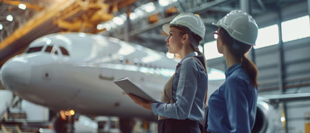 Female engineers in hardhats checking documents on the background of airplaneの素材