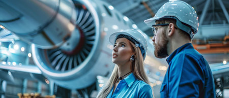 Two engineers in hard hats looking at the engine of an airplane.の素材