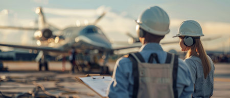 Two engineers wearing hard hats and safety vests inspect an airplane.の素材