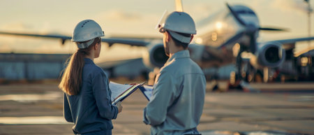 Two engineers in hard hats discussing plans in front of an airplaneの素材