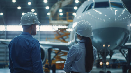 Two maintenance workers look over a partially assembled airplane in a hangar.の素材