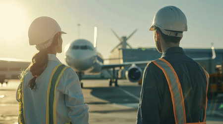 Two airport workers in hard hats looking at a planeの素材