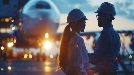 Two engineers in hard hats discussing the maintenance of the airplane in the hangar.の素材
