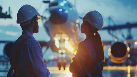 Two engineers in hard hats looking at a airplane.の素材