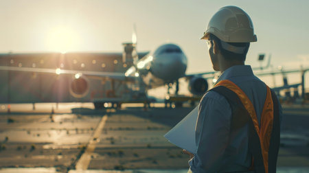 An aircraft maintenance engineer wearing a hard hat and reflective vest inspects a passenger jet.の素材