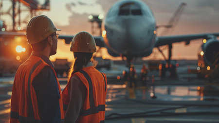 Two airport workers in hard hats and reflective vests watch as an airplane is prepared for takeoff in the evening light.の素材